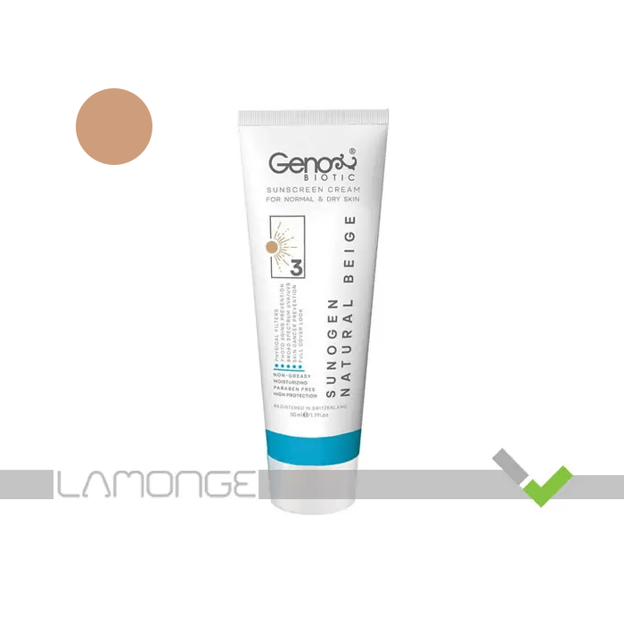 کرم ضد آفتاب SPF50 بژ طبیعی ژنوبایوتیک مناسب پوست خشک و نرمال-min