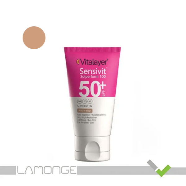 کرم ضد آفتاب SPF50 بژ طبیعی ویتالیر مدل Sensitive مناسب پوست حساس
