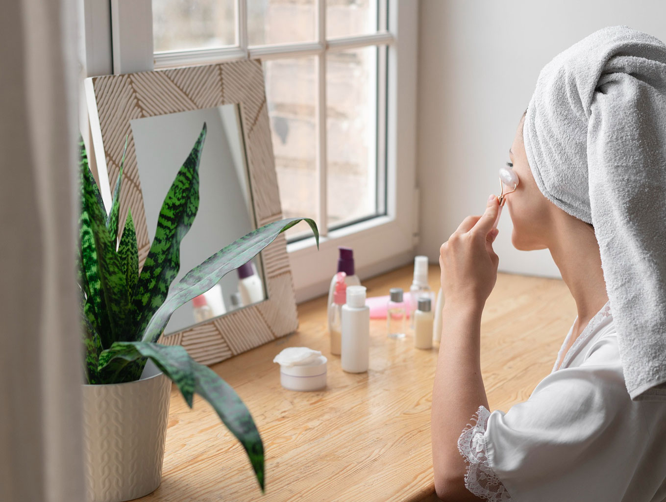 زن با حوله دور سر در حال استفاده از رولر سنگی روی پوست صورت در برابر آینه