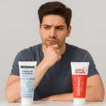 این عکس مردی را نشان می‌دهد که با حالتی متفکر به دو خمیردندان Misswake Composite & Laminate و Misswake Pro-White (Just in 5 Minutes) نگاه می‌کند. تصویر نماد سردرگمی مصرف‌کنندگان در انتخاب خمیردندان مناسب و موضوع اصلی مقاله است: تفاوت خمیردندان سفیدکننده و خمیردندان مخصوص لمینت.