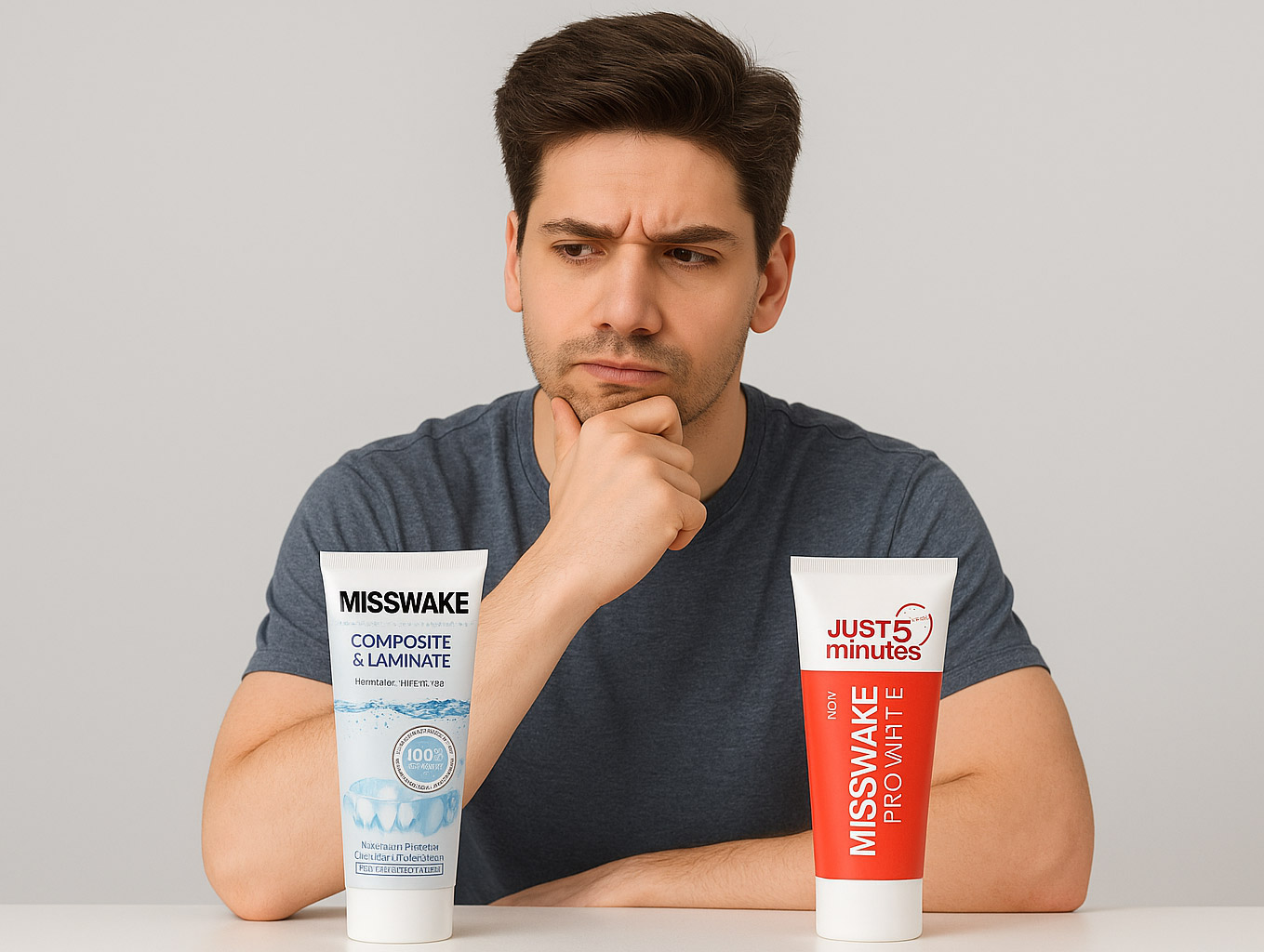 این عکس مردی را نشان میدهد که با حالتی متفکر به دو خمیردندان Misswake Composite & Laminate و Misswake Pro-White (Just in 5 Minutes) نگاه میکند. تصویر نماد سردرگمی مصرفکنندگان در انتخاب خمیردندان مناسب و موضوع اصلی مقاله است: تفاوت خمیردندان سفیدکننده و خمیردندان مخصوص لمینت.